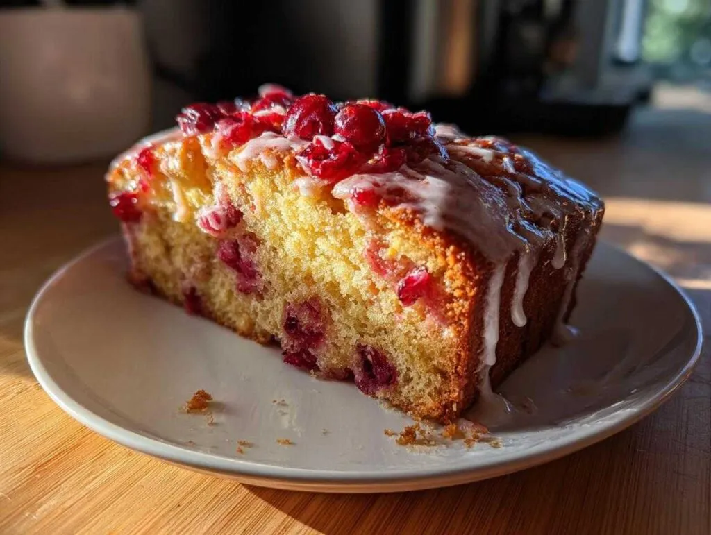 A moist slice of cranberry orange bread topped with a citrus glaze and whole cranberries.