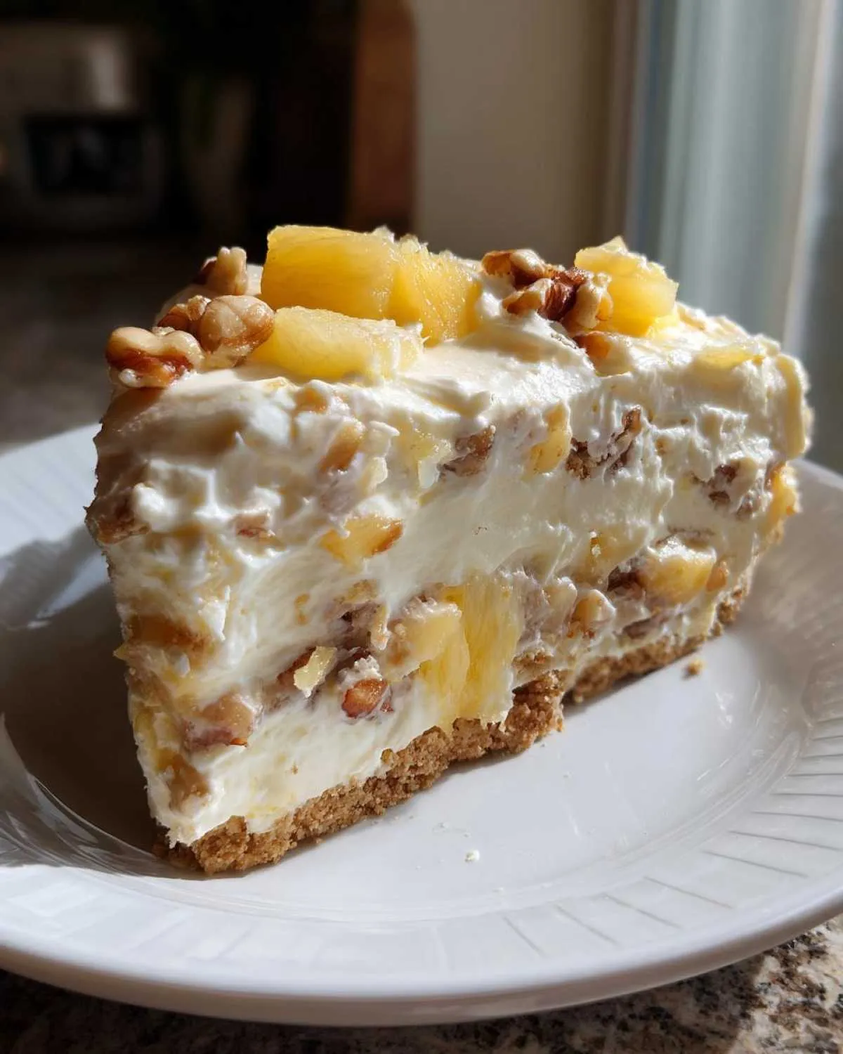 A thick slice of creamy millionaire pie featuring a graham cracker crust, pineapple chunks, and walnuts.