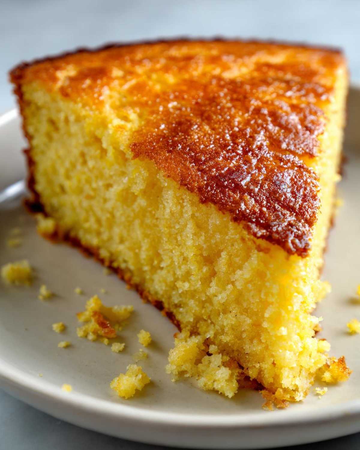 Close-up of a moist, golden slice of skillet cornbread with a beautifully browned crust.