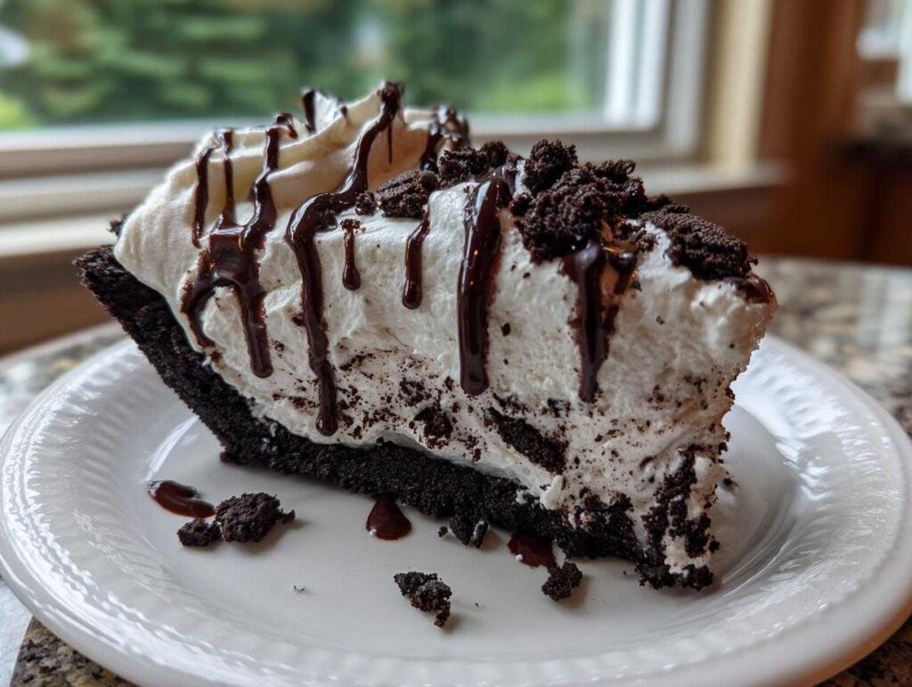 A generous slice of no-bake ice cream pie with a dark crust, white filling, chocolate drizzle, and cookie crumbles.