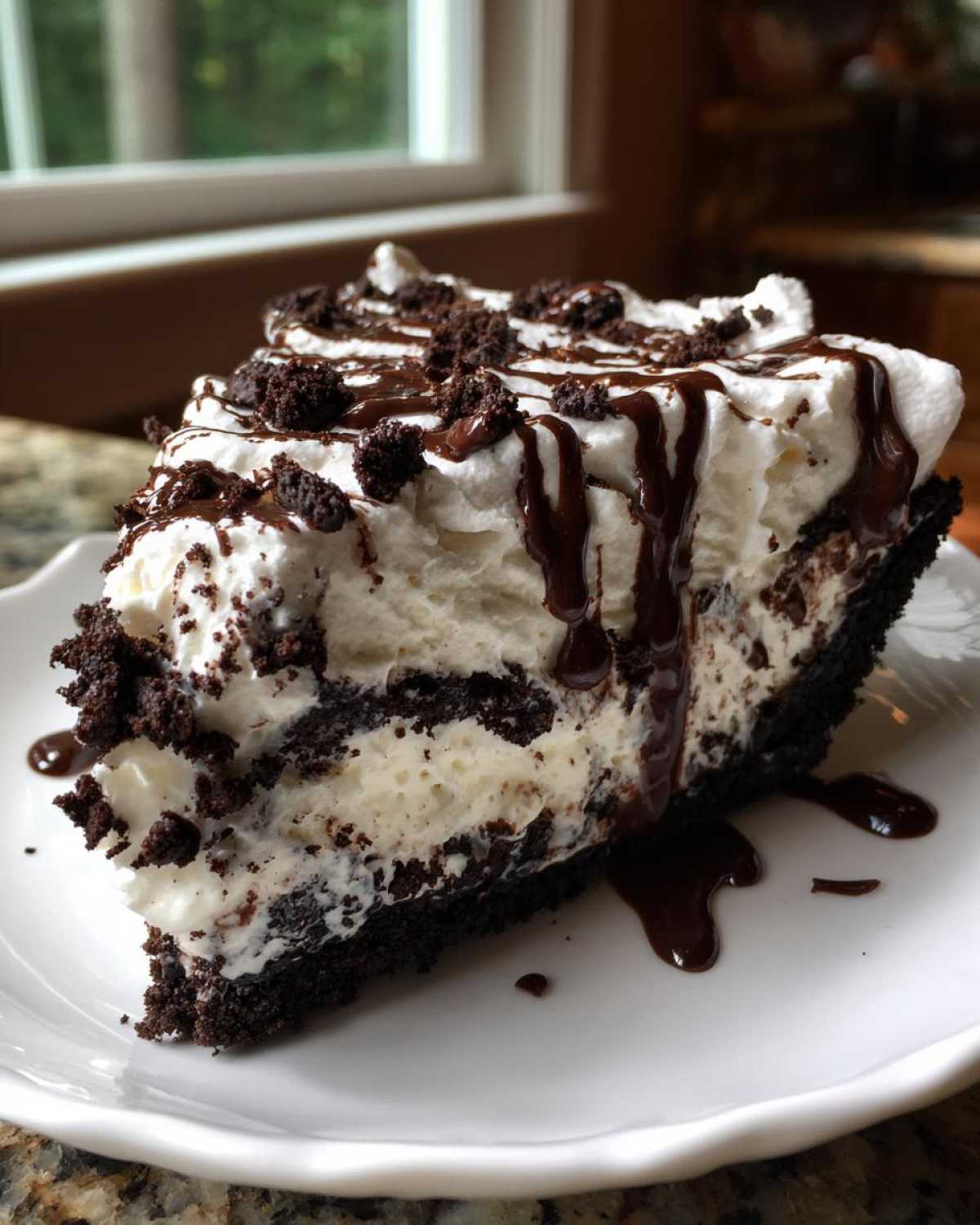 A decadent slice of no-bake ice cream pie with a dark crust, creamy filling, whipped topping, and chocolate drizzle.