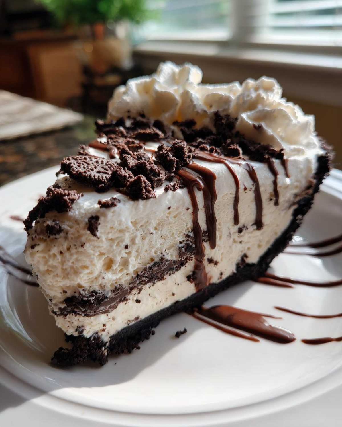 A decadent slice of ice cream pie with a dark cookie crust, creamy filling, whipped topping, and chocolate drizzle.