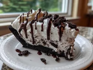 A generous slice of no-bake ice cream pie with a dark crust, white filling, chocolate drizzle, and cookie crumbles.