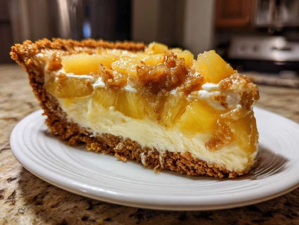 A close-up of a thick slice of millionaire pie showing a graham cracker crust, creamy filling, and pineapple topping.