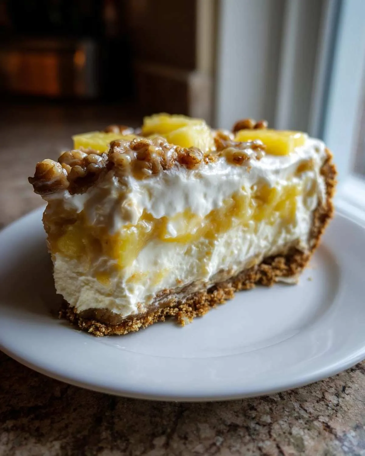 A thick slice of millionaire pie with a graham cracker crust, creamy filling, pineapple, and candied walnuts.