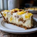Close-up of a thick slice of millionaire pie featuring a graham cracker crust, creamy filling, pineapple chunks, and walnuts.