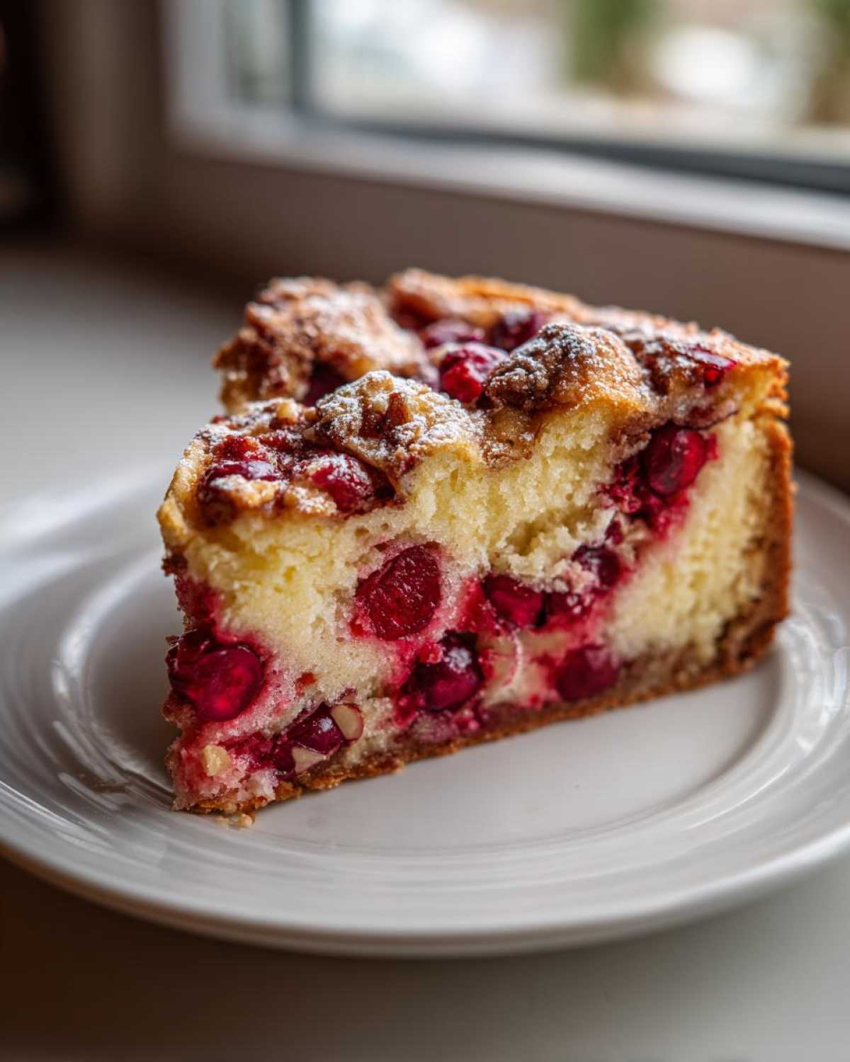 A moist slice of Nantucket cranberry pie, rich with bright red cranberries, served on a white plate.