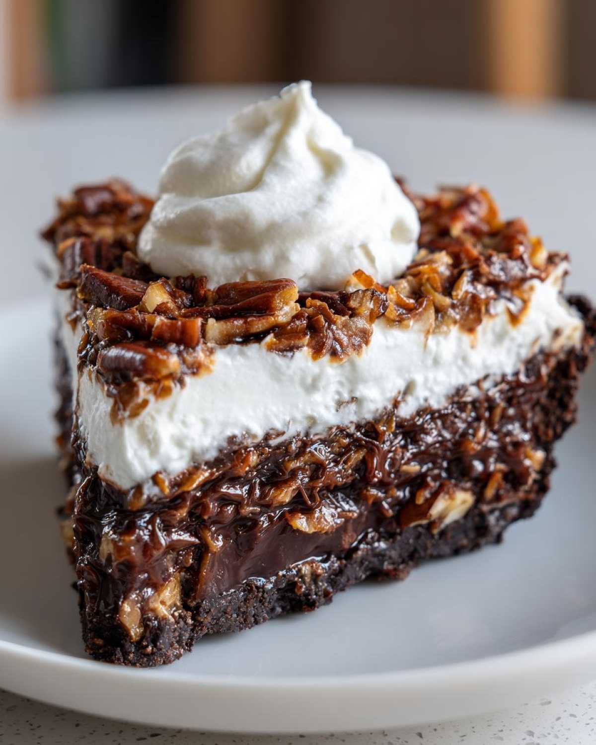 A rich, layered slice of no-bake german chocolate pie topped with coconut-pecan filling and whipped cream.