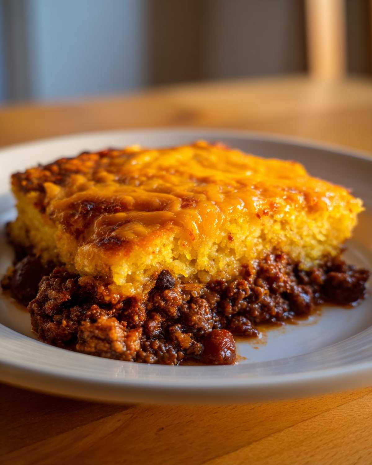 A close-up serving of tamale pie showing a rich chili base topped with golden cornbread and melted cheddar cheese.