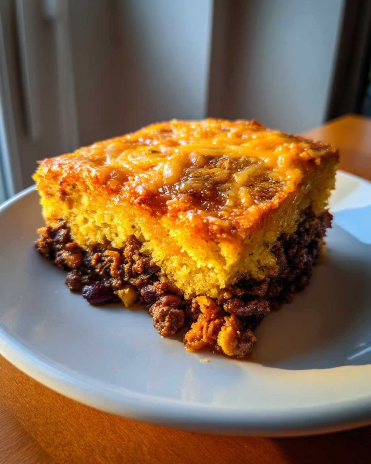 A square slice of tamale pie showing a thick layer of seasoned ground meat filling topped with golden cornbread and melted cheese.