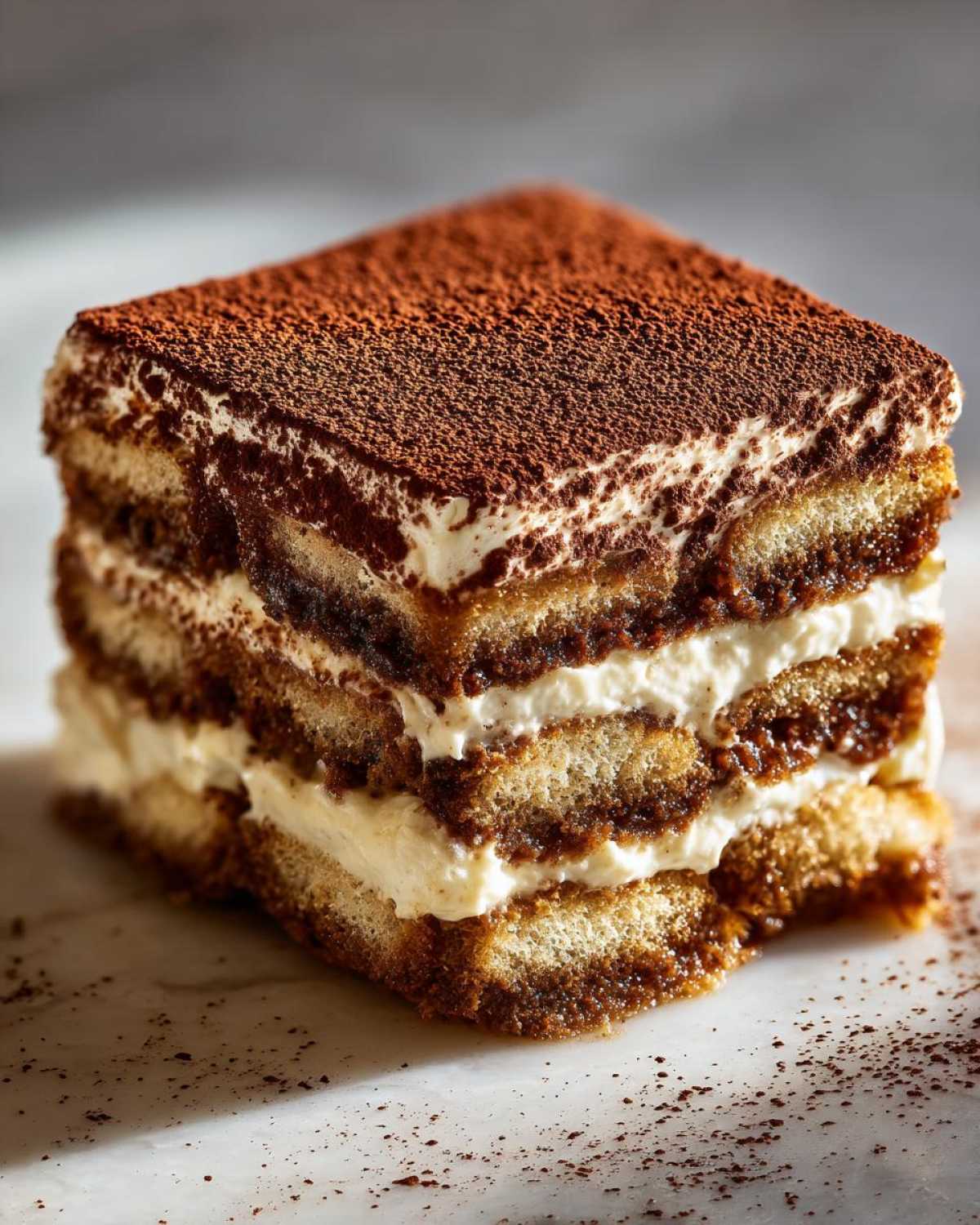 A close-up of a square slice of layered tiramisu recipe, dusted heavily with cocoa powder.