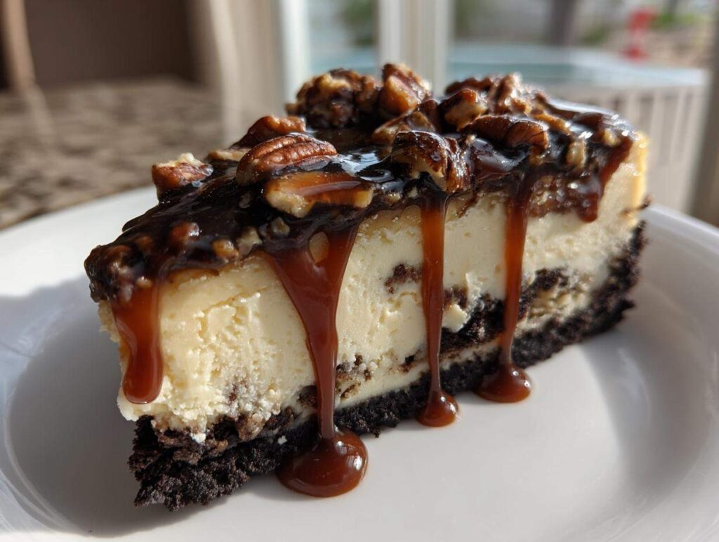 A close-up of a rich slice of turtle cheesecake featuring a dark crust, creamy filling, chocolate, and dripping caramel sauce.