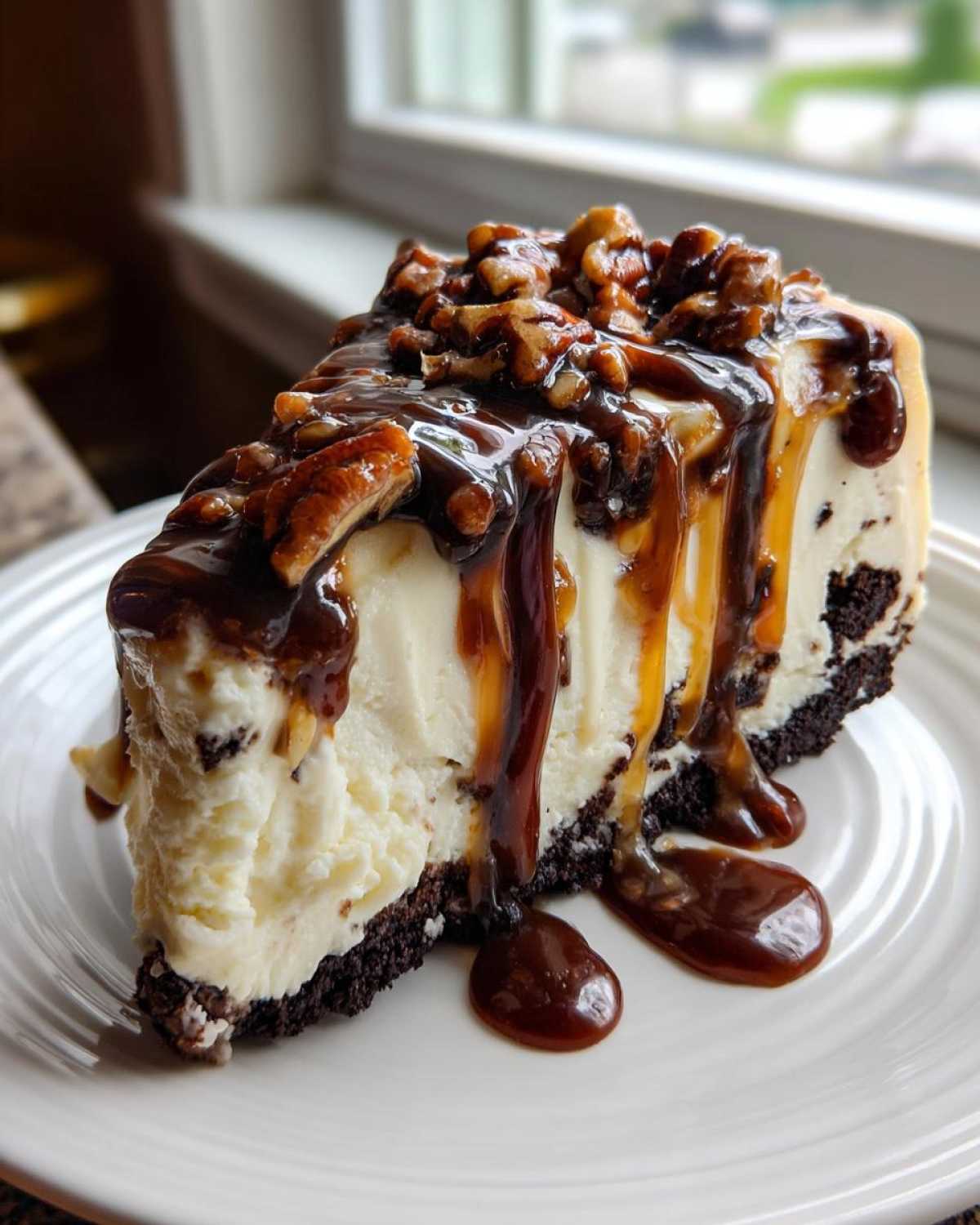 A rich slice of turtle cheesecake with a dark crust, topped with caramel, chocolate sauce, and pecans.