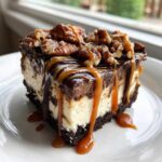 A rich slice of turtle cheesecake featuring a dark crust, creamy filling, chocolate, caramel drizzle, and toasted pecans.