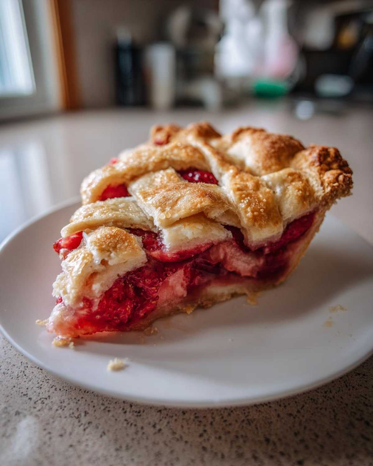 A close-up of a delicious slice of strawberry rhubarb pie featuring a golden lattice crust and bright red filling.