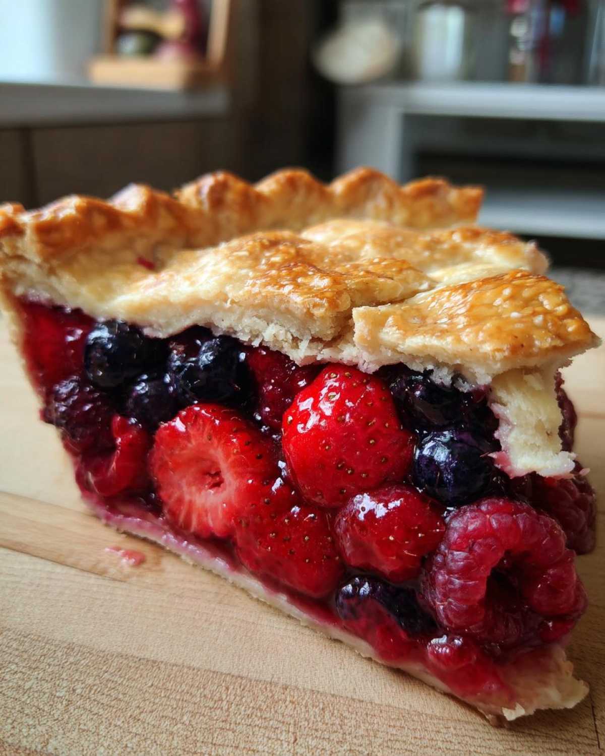 Close-up of a juicy slice of triple berry pie showing strawberries, blueberries, and raspberries filling.