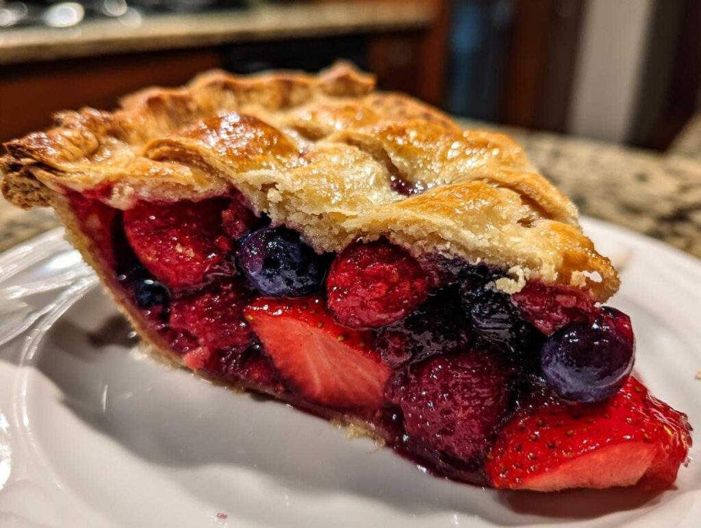 Close-up of a thick slice of triple berry pie showing strawberries, blueberries, and raspberries under a flaky, golden lattice crust.
