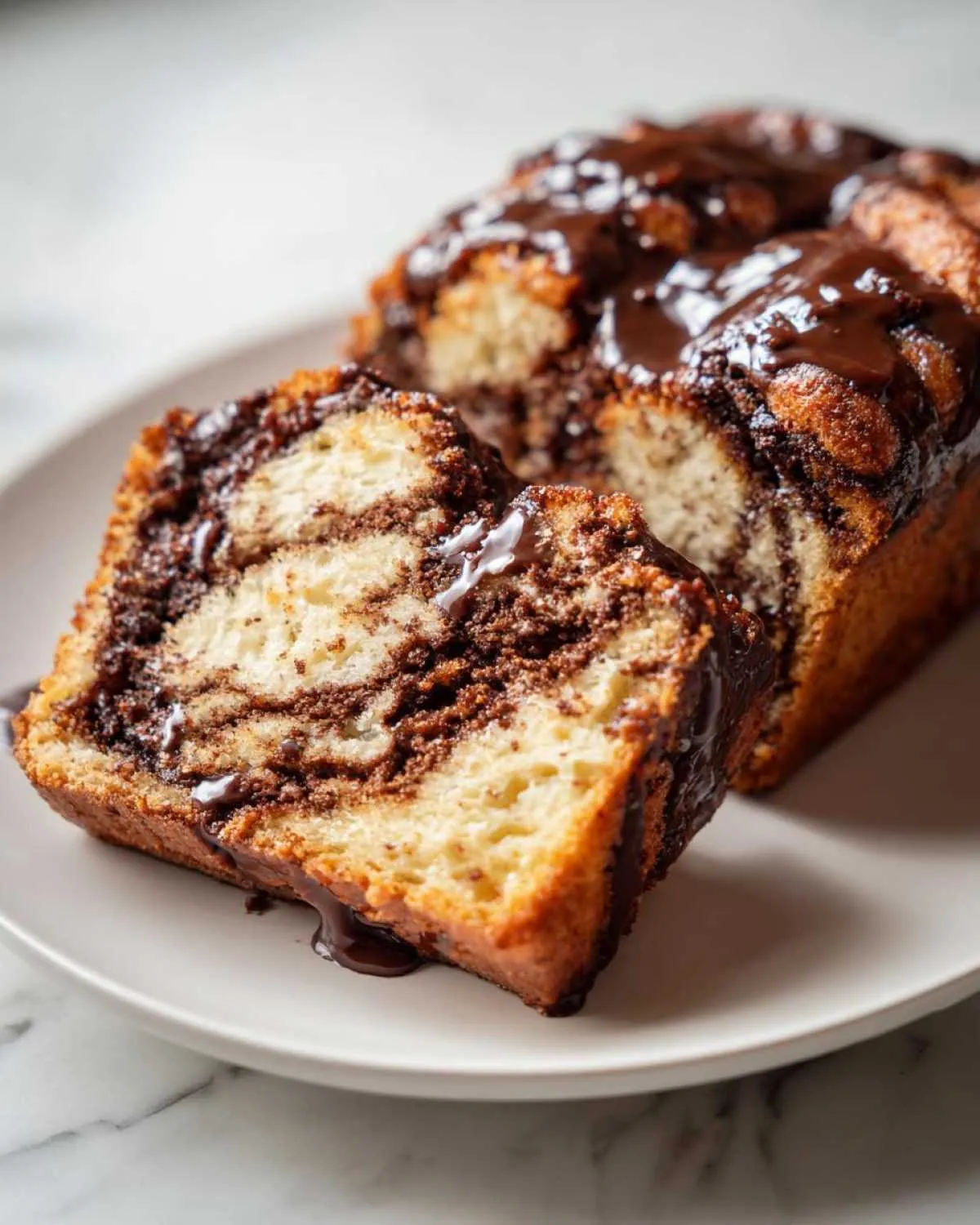 A close-up of a sliced chocolate babka loaf, showing the beautiful swirl of chocolate filling and a thick chocolate glaze.