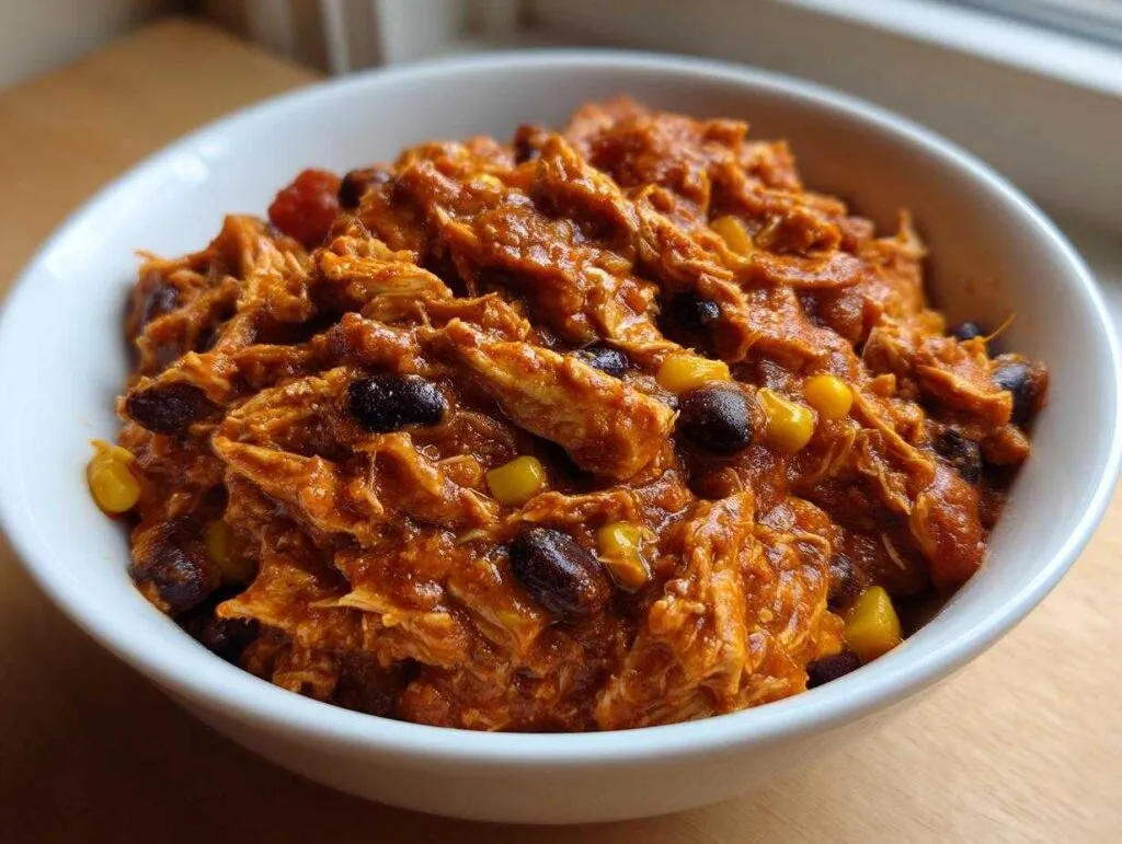 Close-up of a white bowl filled with shredded slow cooker buffalo chicken chili, featuring black beans and corn.