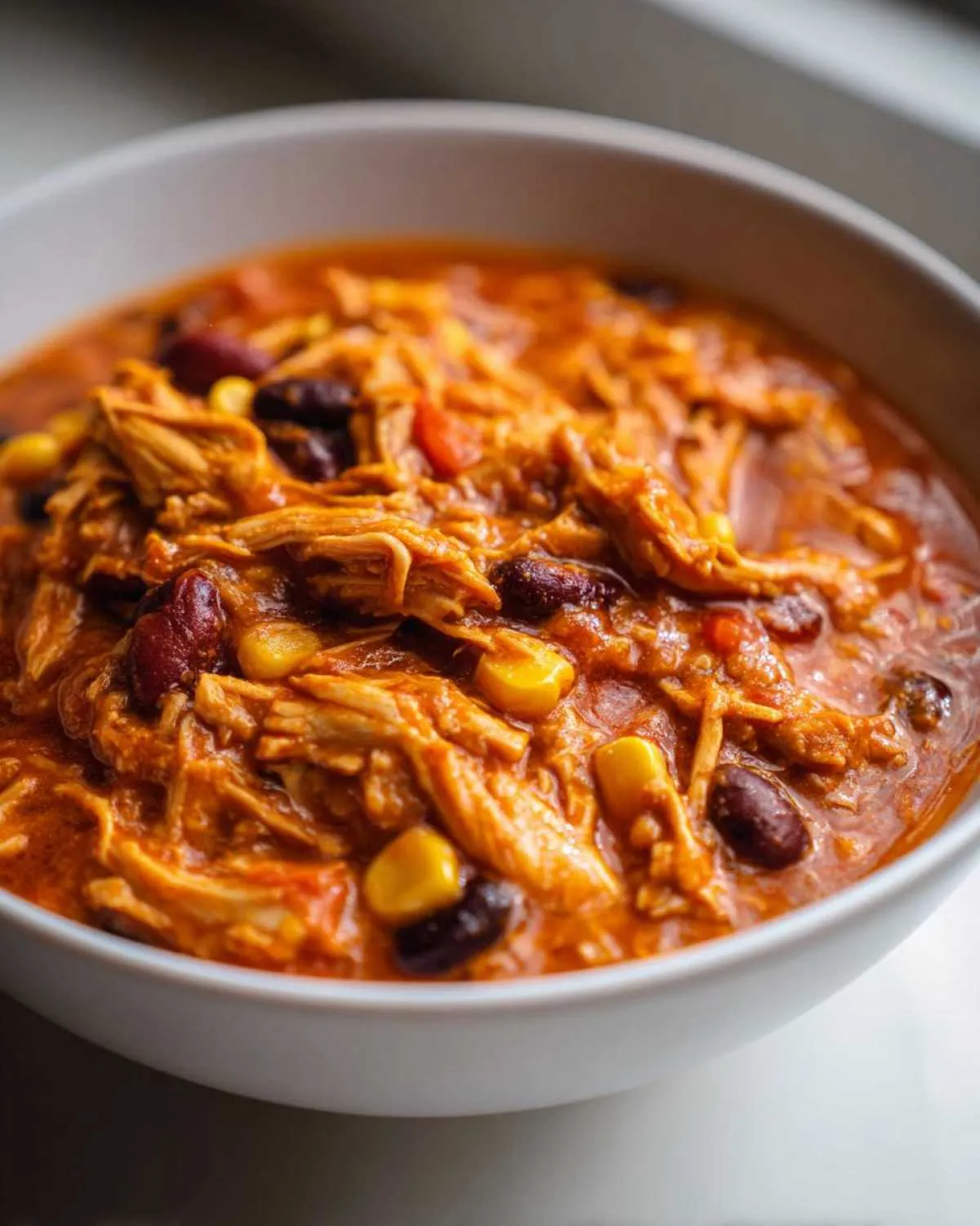 Close-up of a white bowl filled with rich, orange-red slow cooker buffalo chicken chili featuring shredded chicken, kidney beans, and corn kernels.