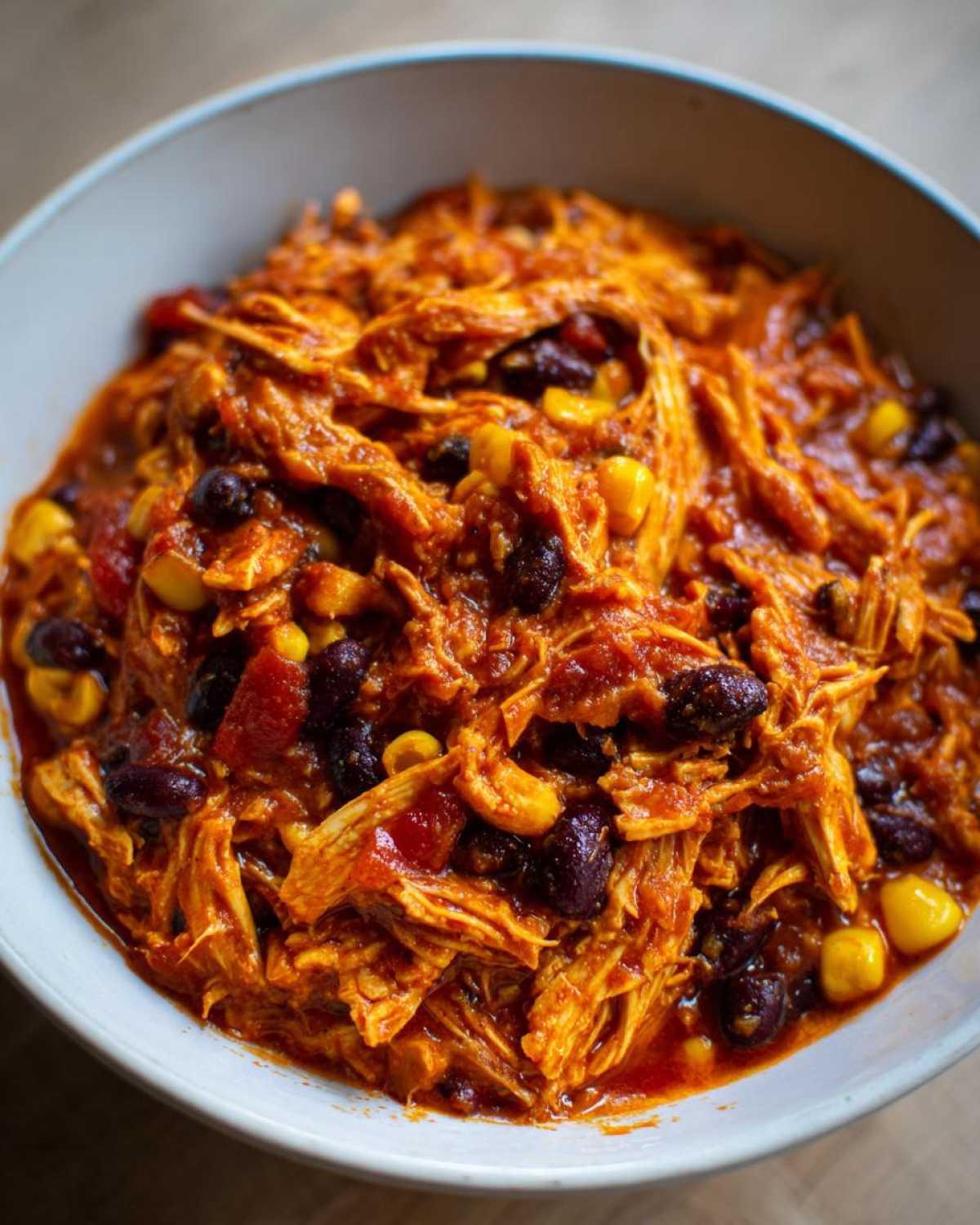 Close-up of shredded chicken in a rich, orange-red sauce with black beans and corn, representing slow cooker buffalo chicken chili.