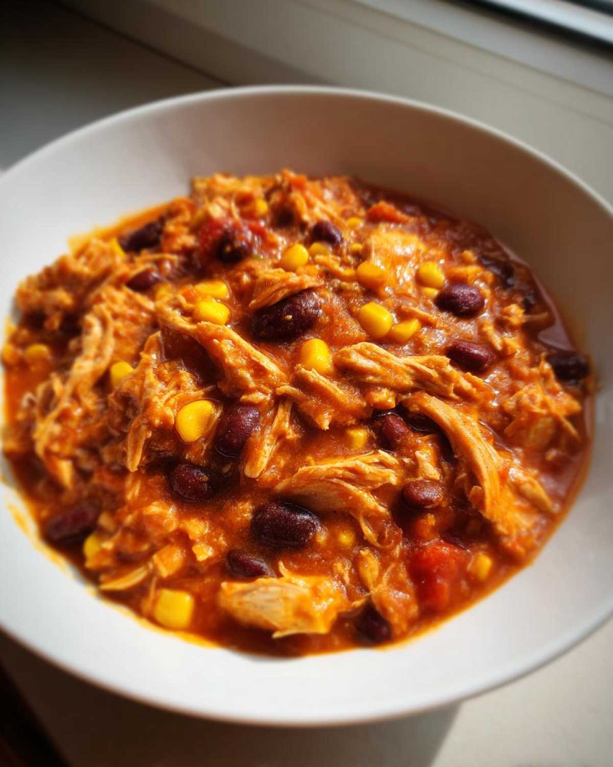Close-up of a white bowl filled with saucy slow cooker buffalo chicken chili featuring shredded chicken, kidney beans, and corn.