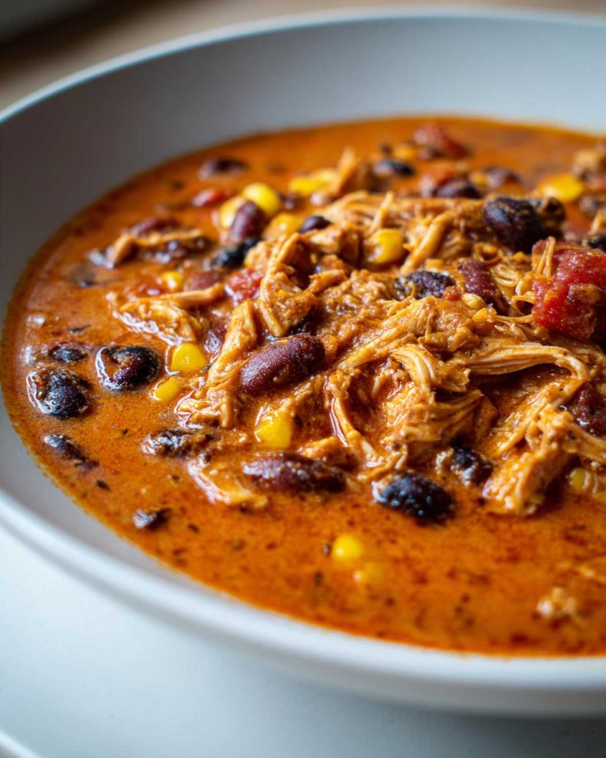 Close-up of a bowl of rich, orange-red slow cooker buffalo chicken chili with shredded chicken, kidney beans, and corn.