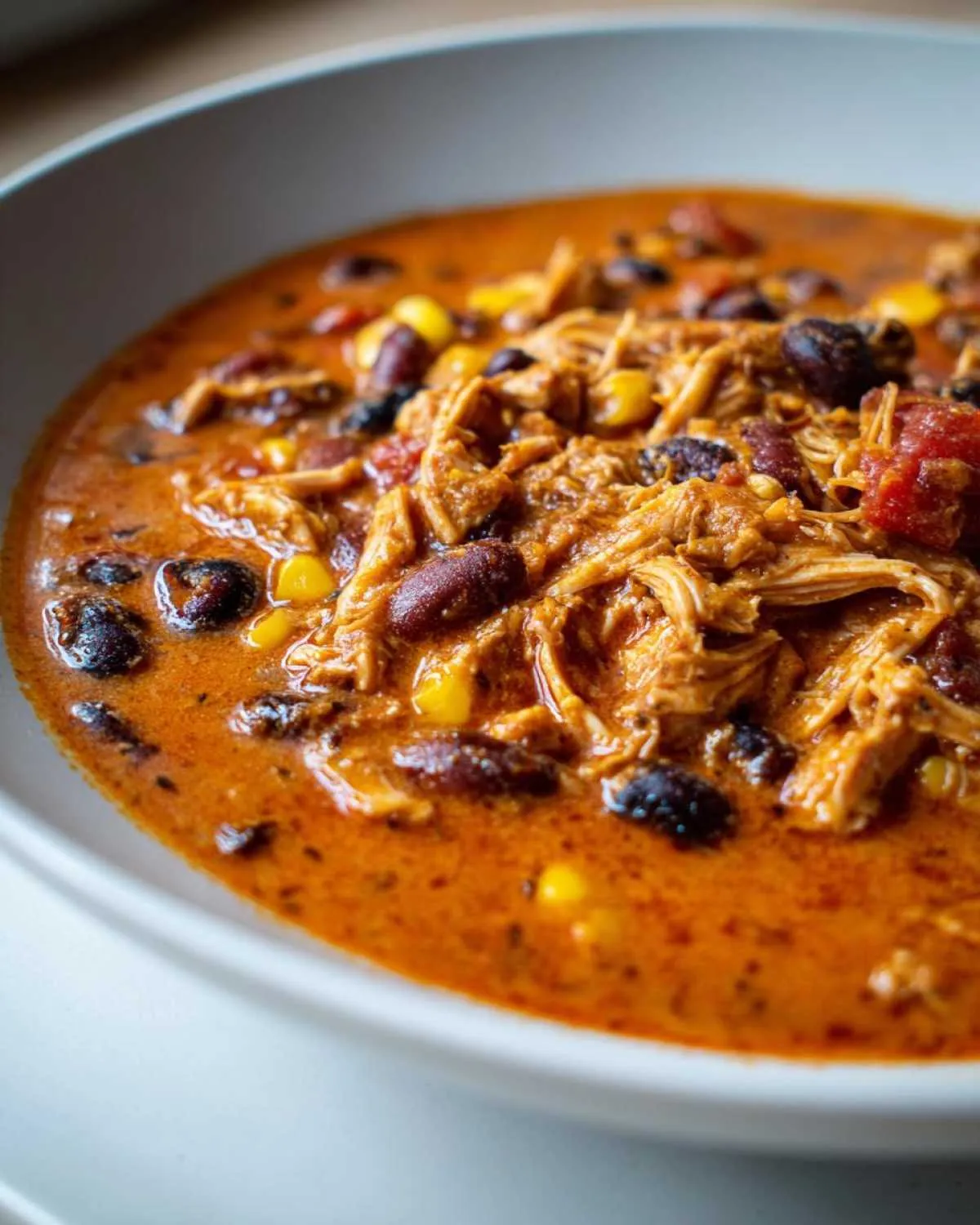 Close-up of a bowl of rich, orange-red slow cooker buffalo chicken chili with shredded chicken, kidney beans, and corn.