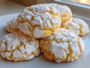 A stack of soft lemon crinkle cookies heavily dusted with powdered sugar on a white plate.