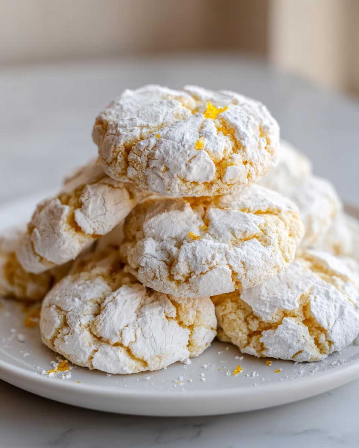 A stack of soft lemon crinkle cookies coated heavily in powdered sugar on a white plate.
