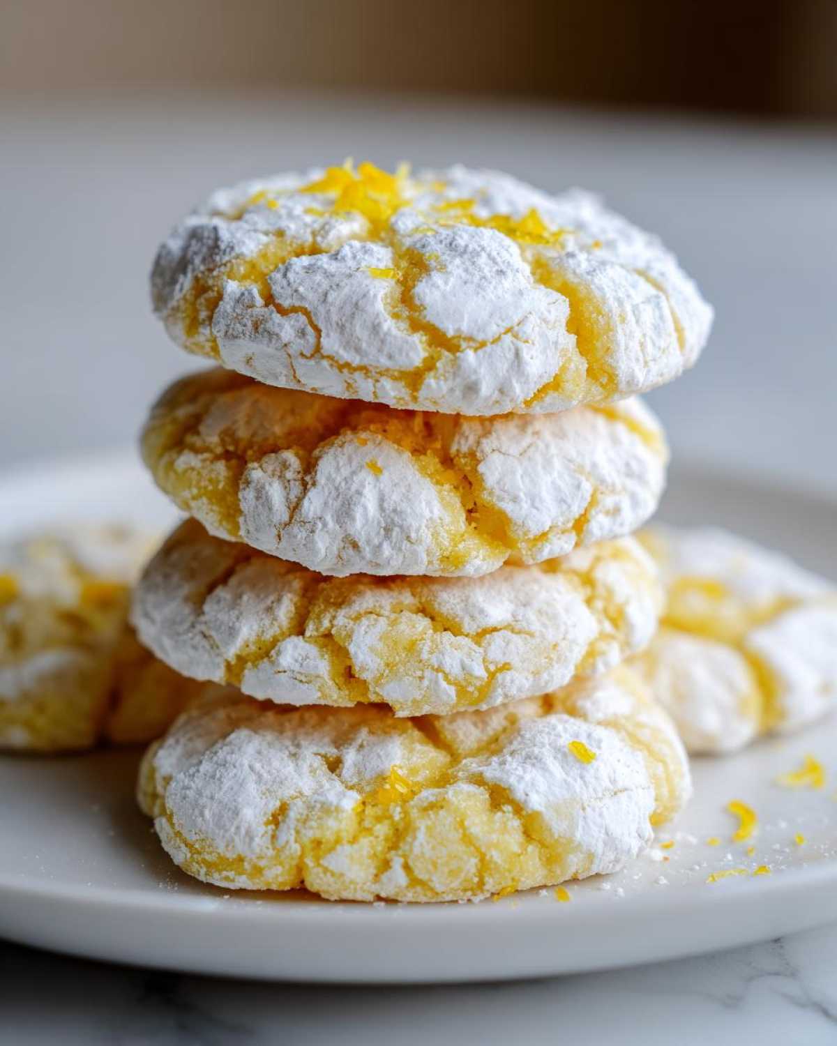 A vertical stack of four soft lemon crinkle cookies dusted heavily with powdered sugar and topped with bright lemon zest.