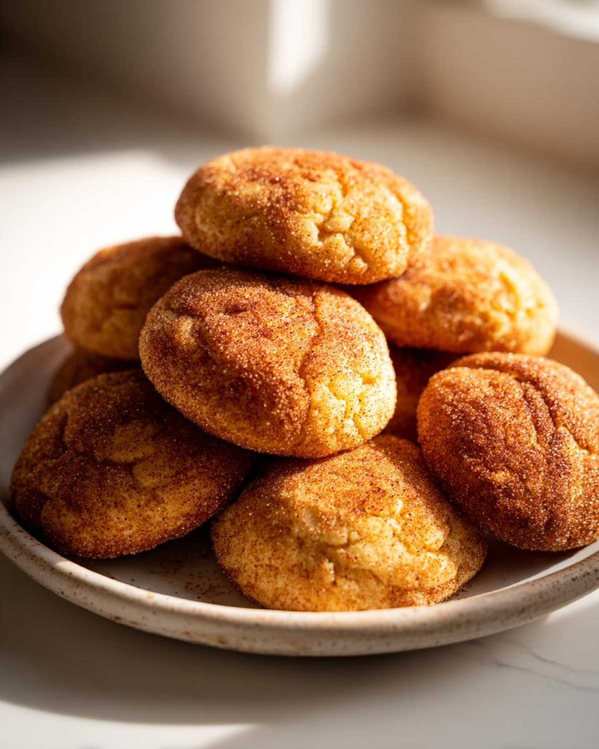 A close-up stack of soft, chewy snickerdoodle cookies heavily coated in cinnamon sugar.