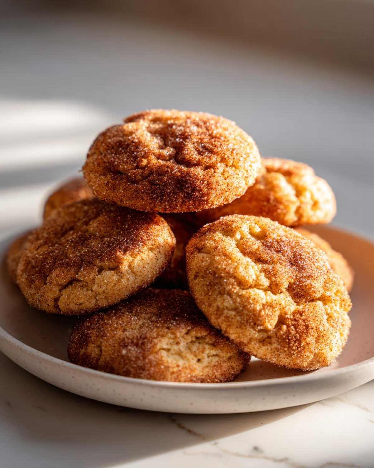 A close-up stack of soft, freshly baked snickerdoodle cookies coated in cinnamon sugar on a light plate.
