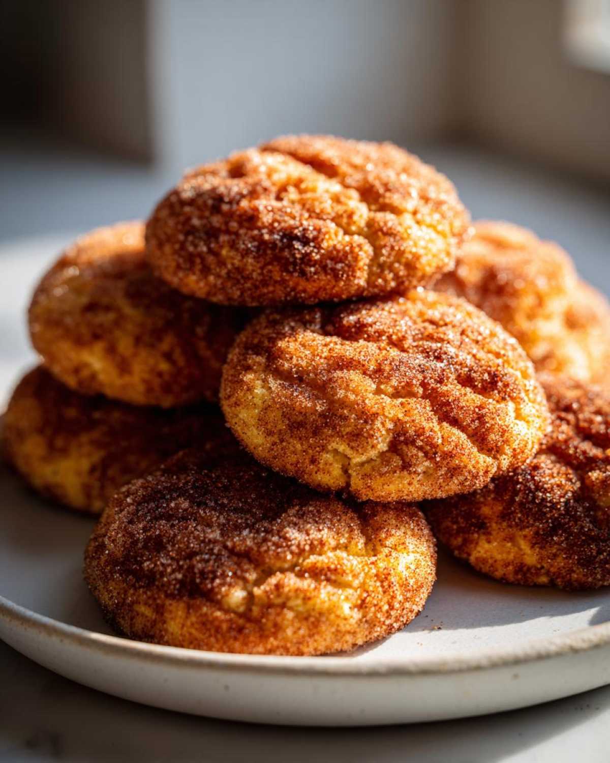 A close-up stack of freshly baked, soft snickerdoodle cookies coated in cinnamon sugar.