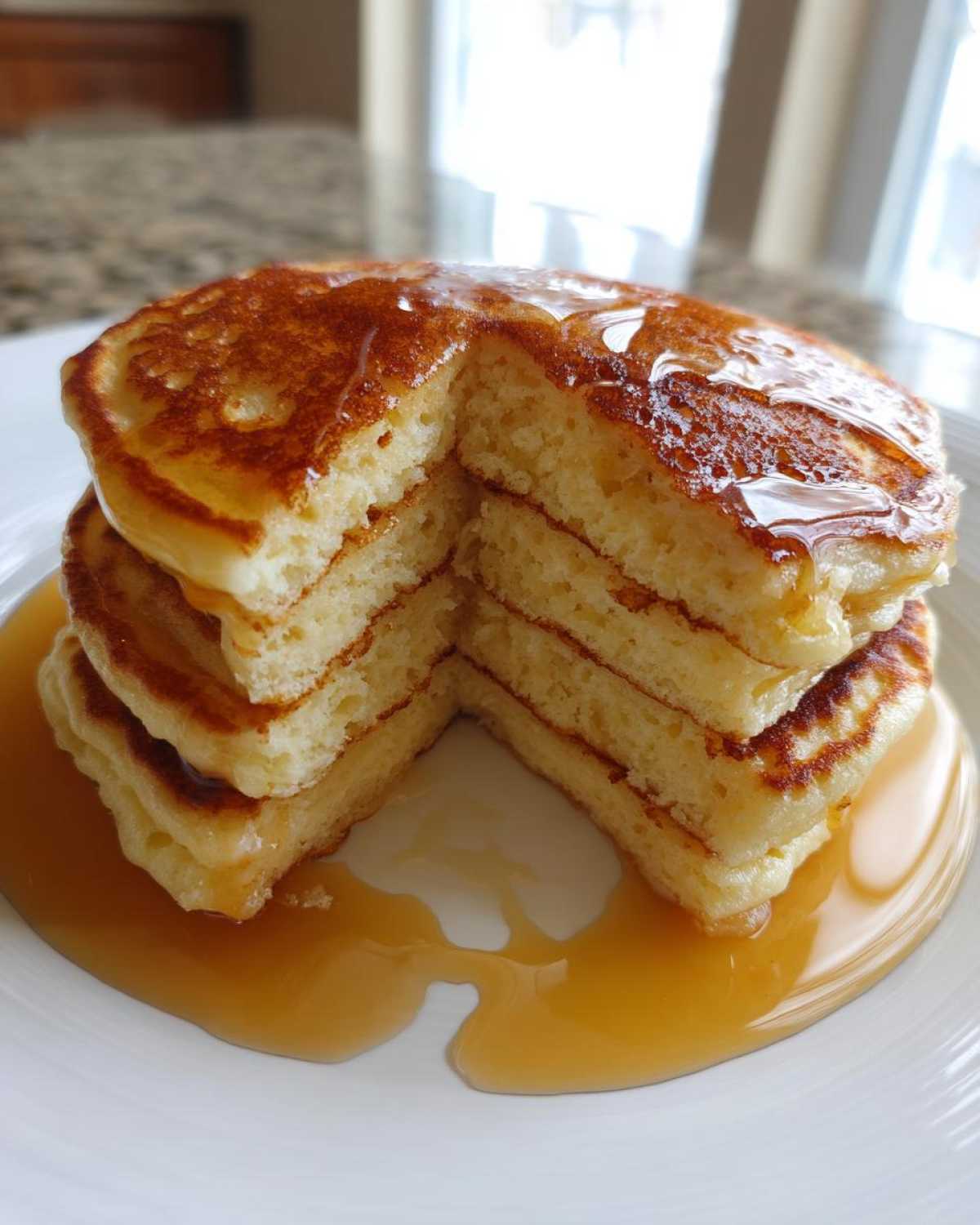 A stack of four fluffy sourdough discard pancakes cut to show the interior, drizzled with maple syrup.