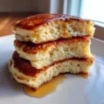 Close-up of a stack of three fluffy sourdough discard pancakes, drizzled with syrup.