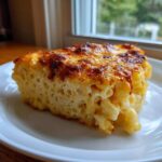 A thick, square slice of creamy southern baked macaroni and cheese with a golden-brown, bubbly cheese crust.