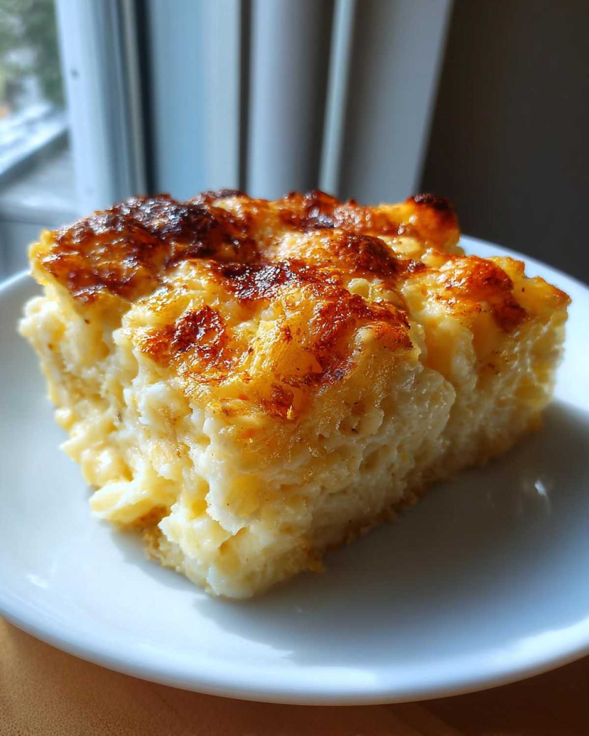 A square slice of creamy southern baked macaroni and cheese with a golden brown, bubbly top.