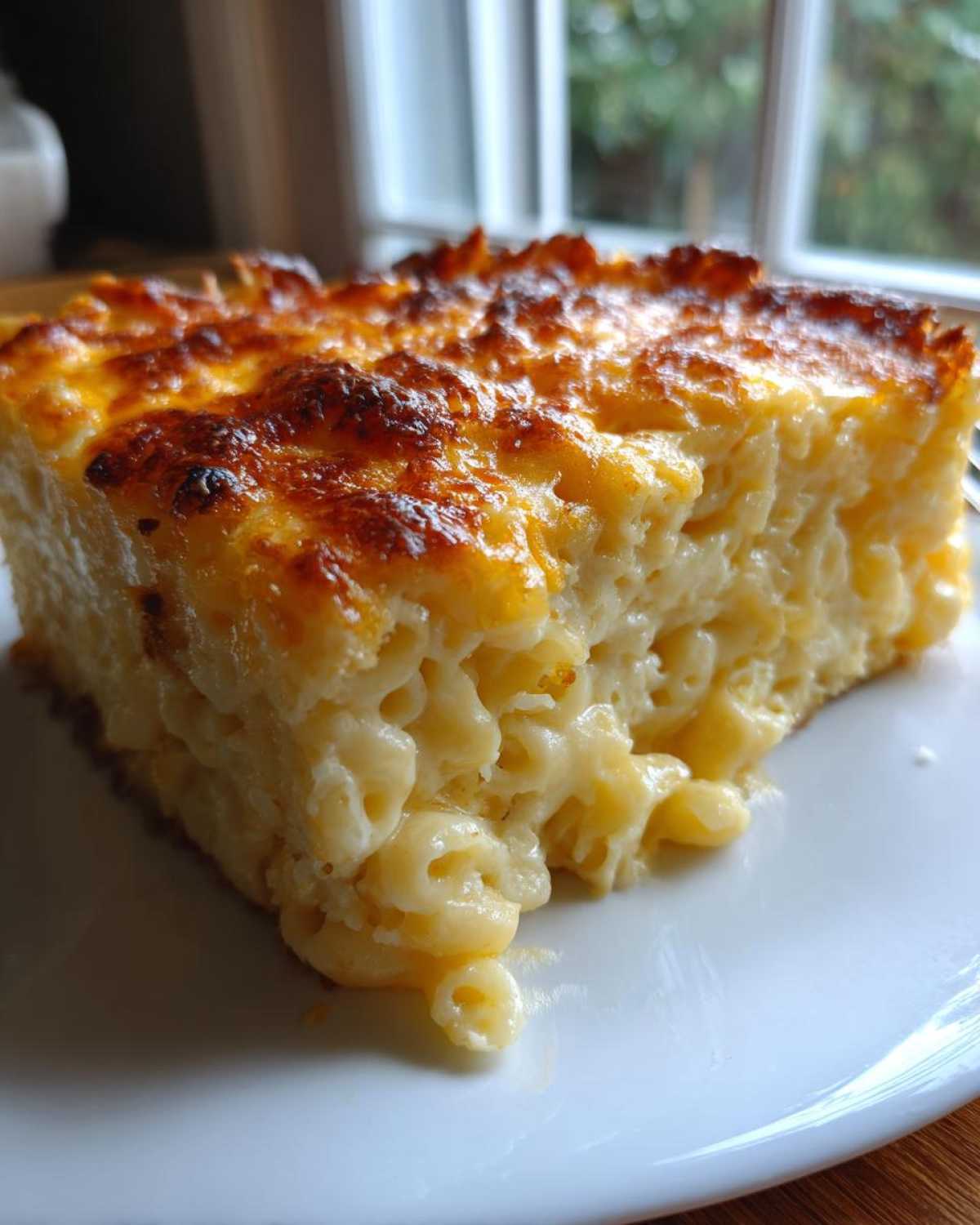 A thick, creamy slice of southern baked macaroni and cheese with a perfectly browned, cheesy crust.