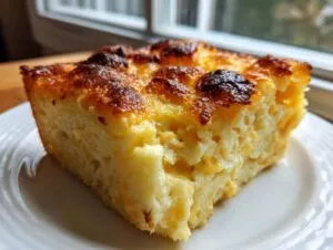 A square slice of creamy, baked southern baked macaroni and cheese with a golden-brown crust.
