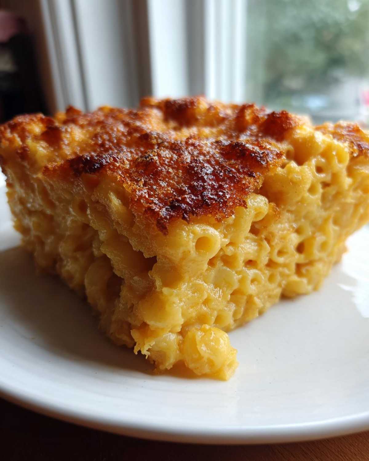 Close-up of a thick, baked slice of southern baked macaroni and cheese with a golden-brown crust.
