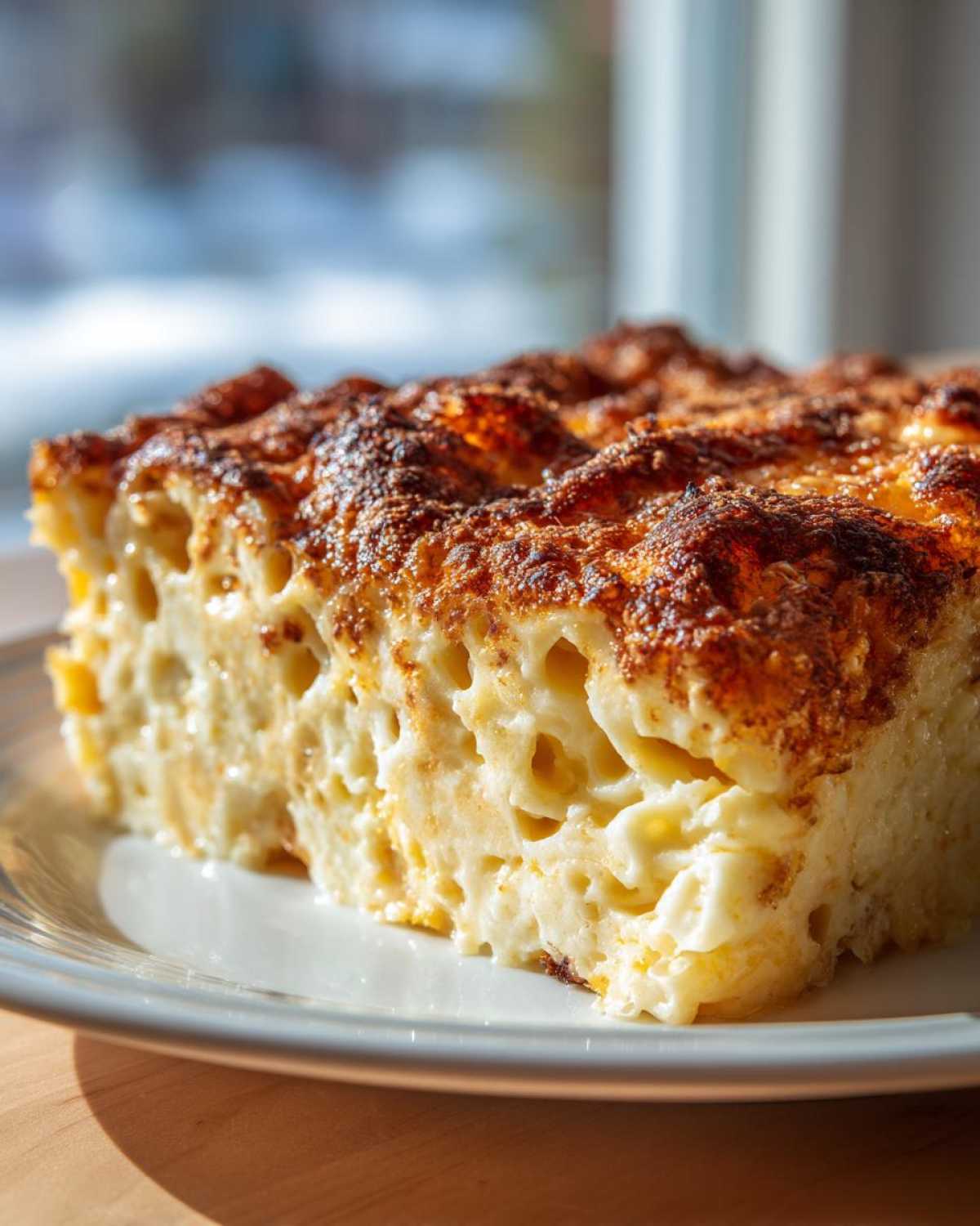 A thick, creamy slice of southern baked macaroni and cheese with a deeply browned, crusty top.