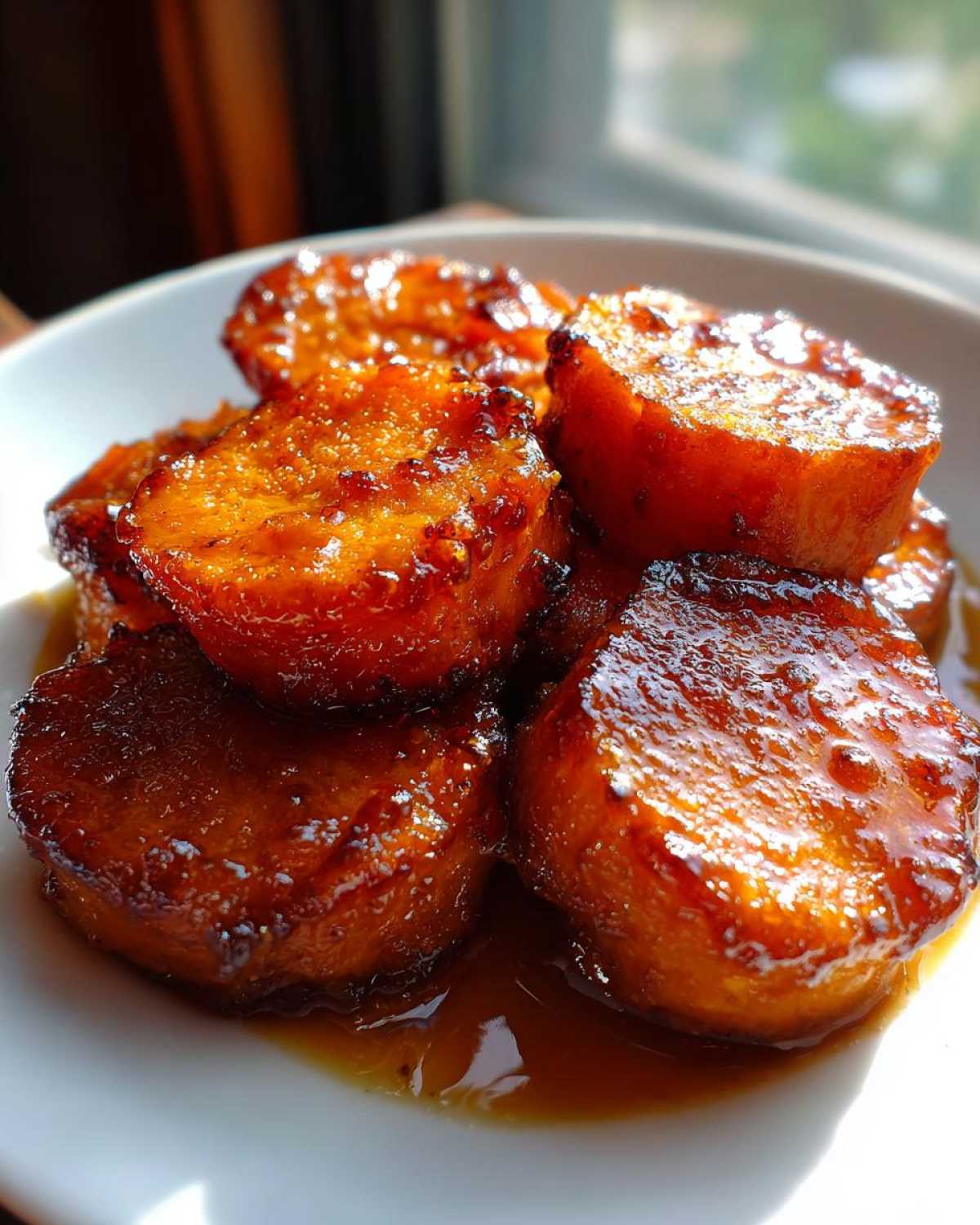Close-up of thick-cut southern candied yams glistening with a rich, dark brown sugar glaze.