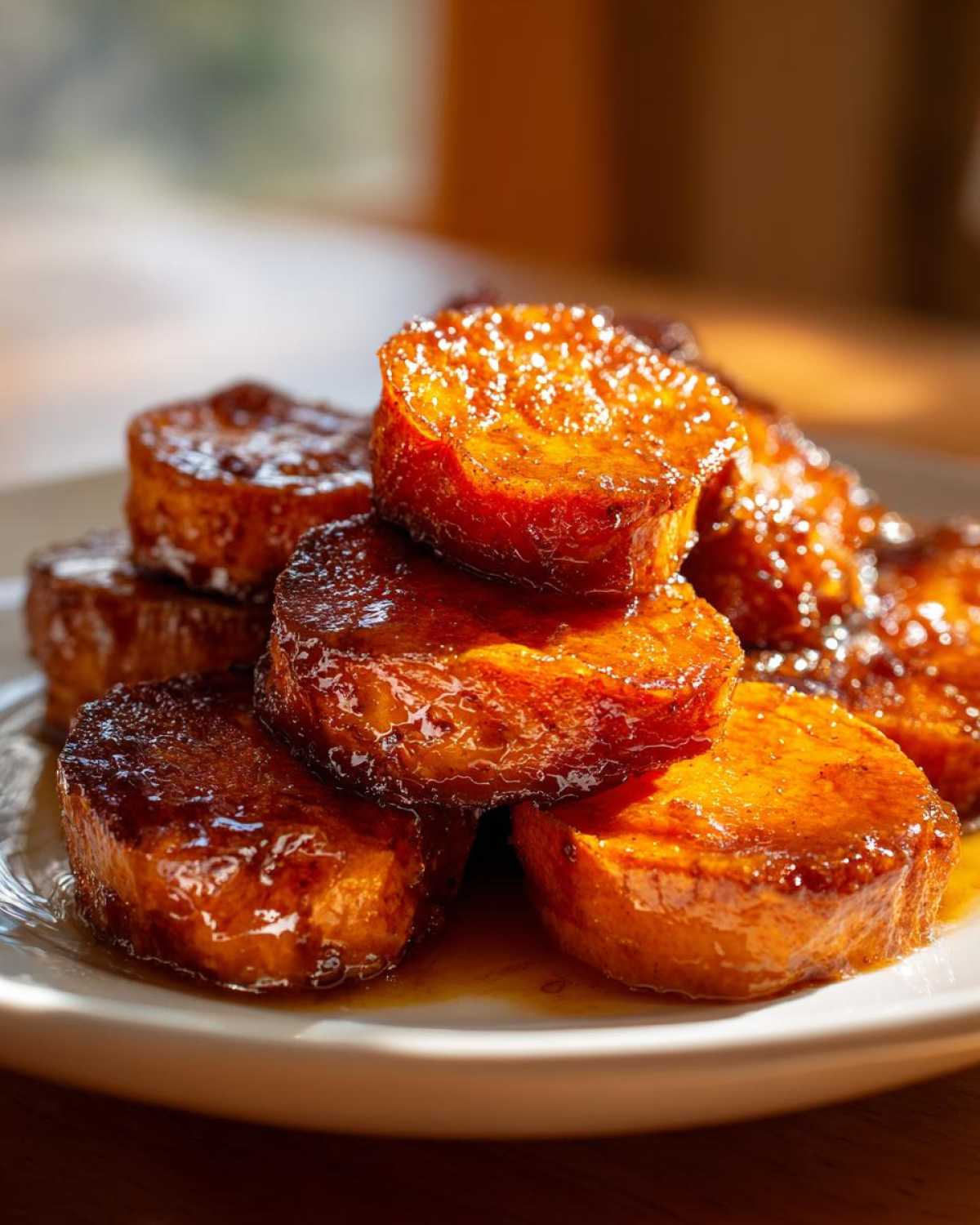 A stack of thick, round southern candied yams glistening with a rich, dark brown sugar glaze on a white plate.