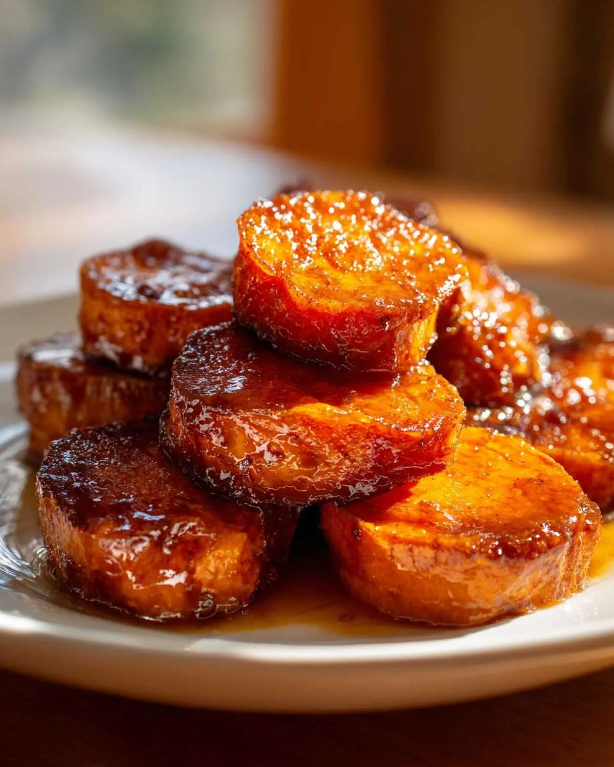 A stack of thick, round southern candied yams glistening with a rich, dark brown sugar glaze on a white plate.