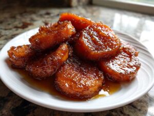 A serving of thick, glazed southern candied yams piled high on a white plate, glistening with syrup.