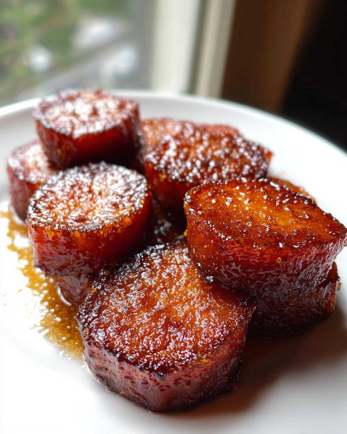 Close-up of thick, round slices of southern candied yams glistening with a rich, dark glaze on a white plate.