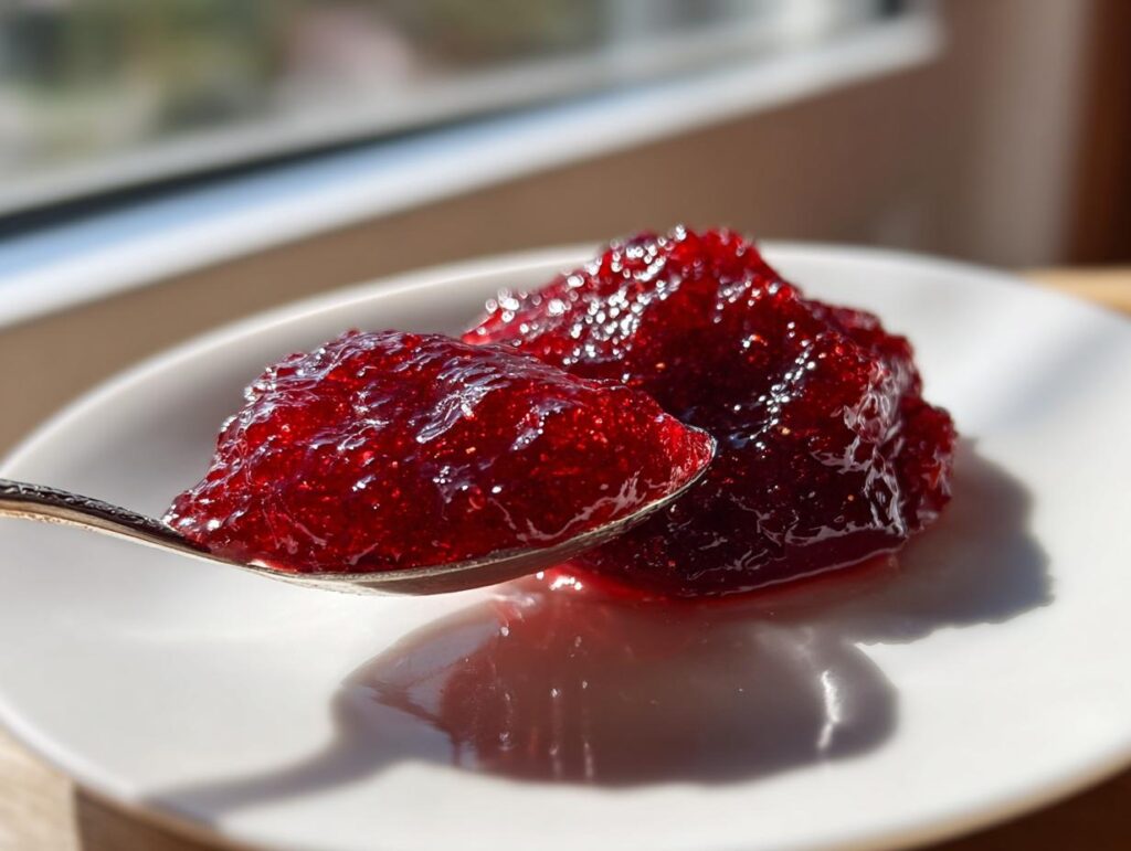 Close-up of glistening, bright red raspberry jam scooped onto a silver spoon, resting on a white plate.