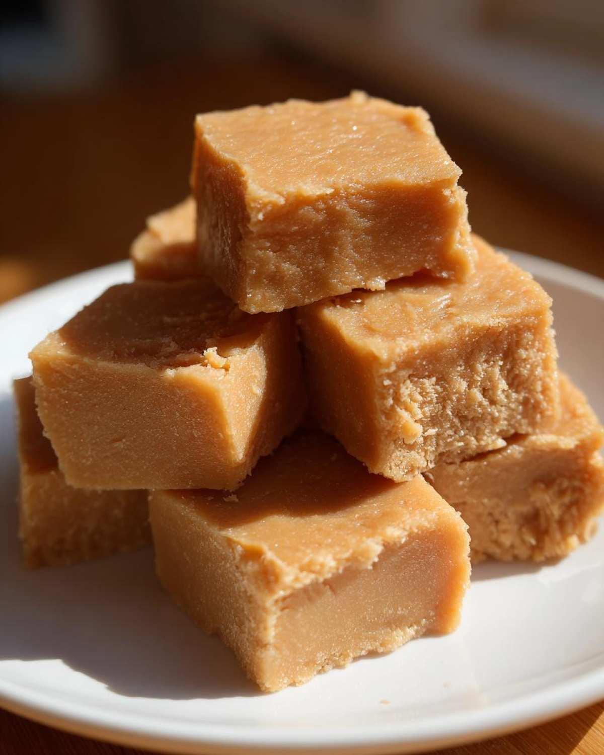 A close-up stack of perfectly cut, creamy, light brown penuche fudge squares resting on a white plate.