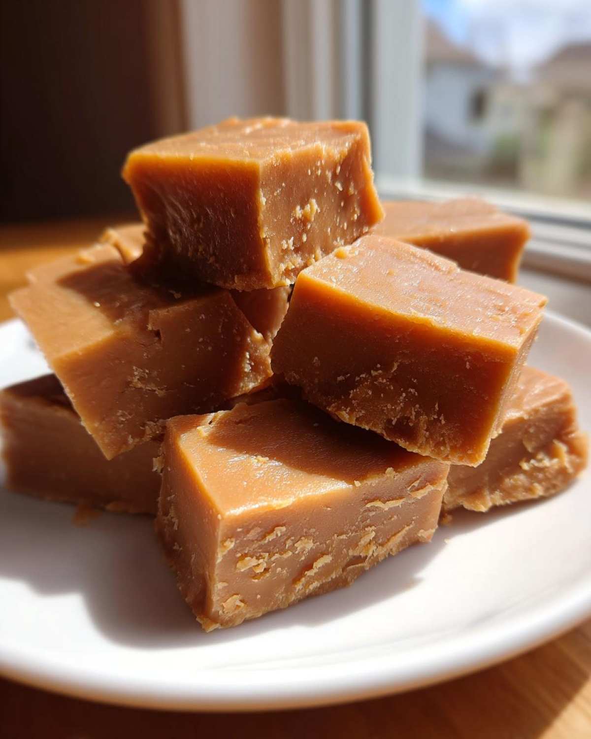 A close-up stack of rich, brown squares of homemade penuche fudge resting on a white plate.